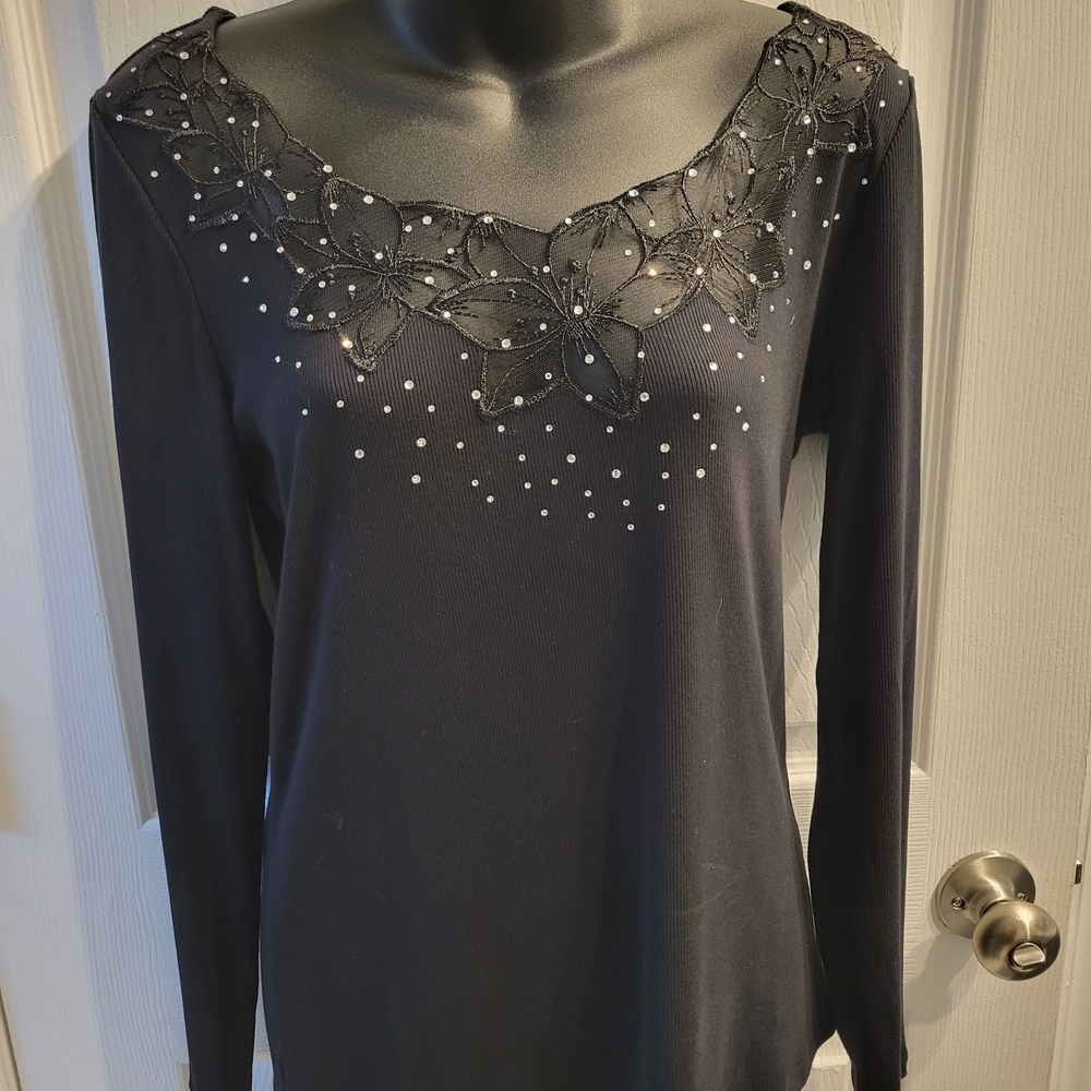 Boston Proper Black Long Sleeve Top with Beaded Floral Design